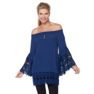 Colleen Lopez Top Embroidered Lace Long Bell Sleeve Tunic Navy Size L